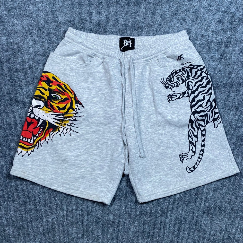 Ed Hardy Mens Tiger Graphic Sweat Shorts Heather Grey Tattoo Print EHM8100-19R S